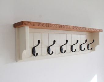 Handcrafted oak wall hook rack for hallway, entryway organizer with hooks, coat hanger with metal hooks