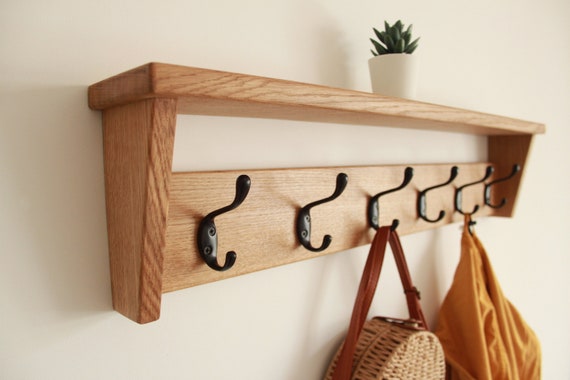 Buy Solid Wood Oak Coat Hooks, Wall Coat Rack With Shelf Entryway