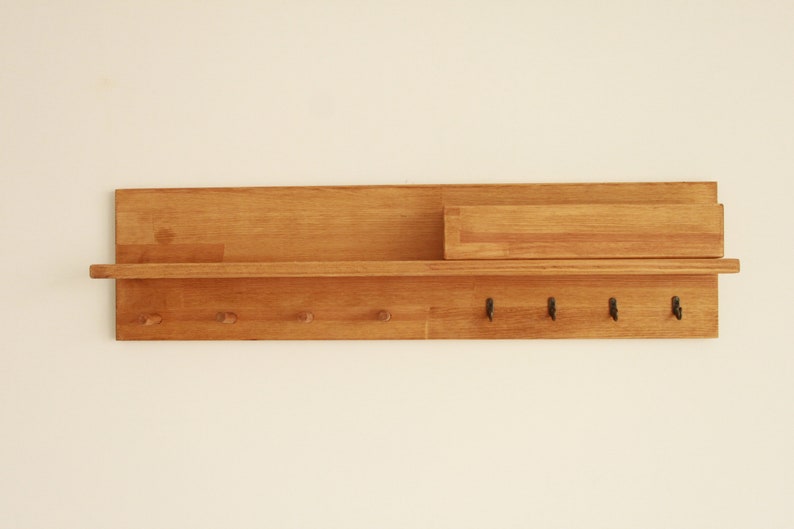 Coat rack with shelf, Entryway organizer shelf with peg rail Oak