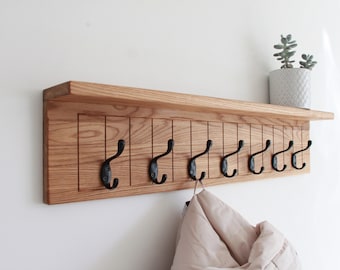 Wall-mounted oak organizer with hooks, Wooden coat hanger with metal hooks, Сoat rack with shelf