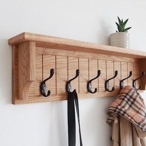 Handcrafted Oak Coat Rack with Shelf and Metal Hooks – Perfect for Hallways, Entryways, and Mudrooms