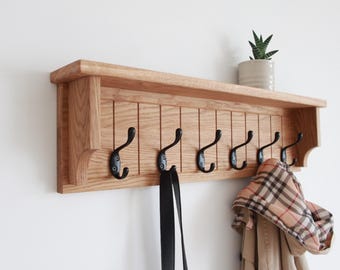 Oak Coat Rack with Shelf: Hallway Entryway Organizer