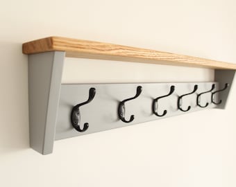 Light Grey Coat Rack with Oak Shelf: Entryway Coat Hook