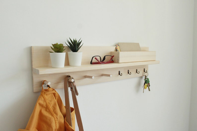 Coat rack with shelf, Entryway organizer shelf with peg rail Ligth white