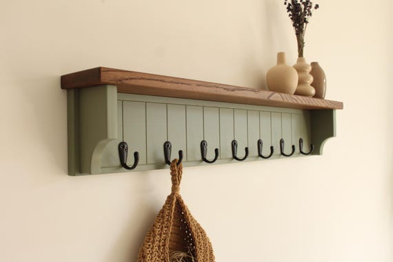 Handmade Olive Green Coat Rack with Rustic Oak Shelf, Farmhouse Entryway Organizer Hooks