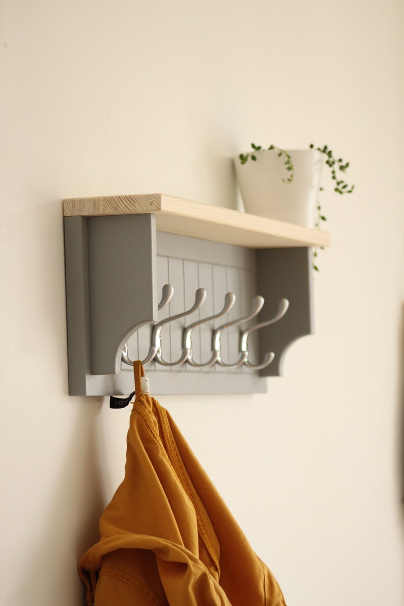 Wooden towel rack with shelf, wall coat rack Gray + ligth white