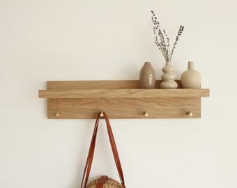 Oak Wall Shelf with Golden Hooks: Entryway Coat Rack