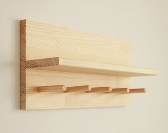 Shelf with hooks, Wooden peg rail, towel rack