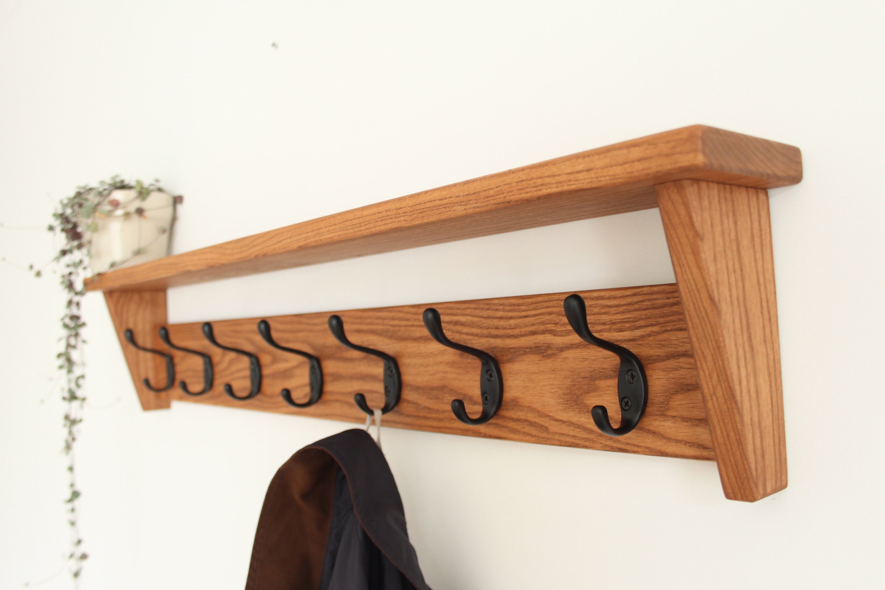 Wall Coat Rack With Shelf, Wall Mounted Coat Hooks Made From Natural Solid  Ash Wood 