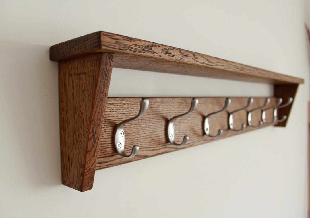 Perchero De Pared Artesanal Con Estante: Roble Y Cera Ligera, 6 Ganchos Dobles (Hecho A Mano UK)