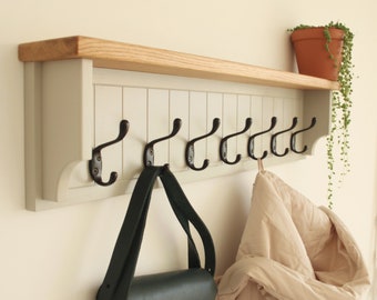 Hanging wall wood coat rack with black hooks, Solid oak towel hook with shelf