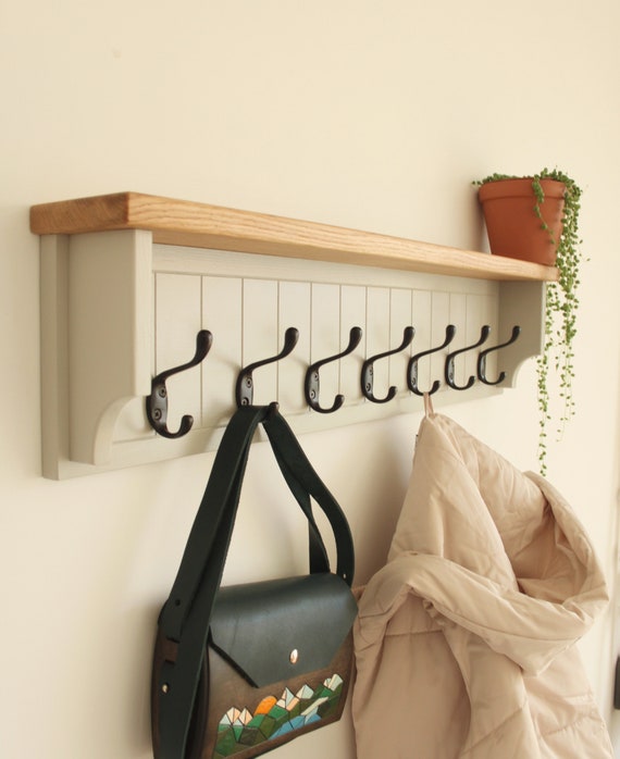 Hanging Wall Wood Coat Rack With Black Hooks, Solid Oak Towel Hook With  Shelf 