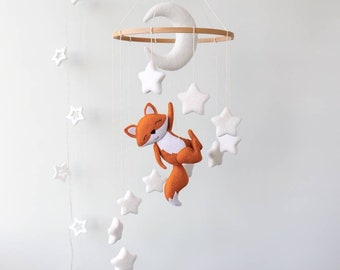 Fox baby mobile for crib, Forest animals nursery decor, Moon & stars felt mobile, Woodland nursery decor