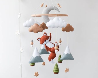 Fox baby mobile, Woodland nursery decor, Moon, clouds & stars mobile, Forest animals mobile