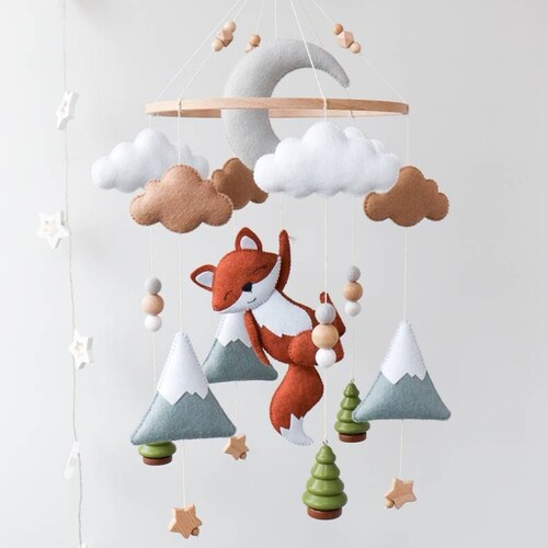 Fox Baby Mobile Woodland Nursery Decor Moon Clouds & Stars Etsy