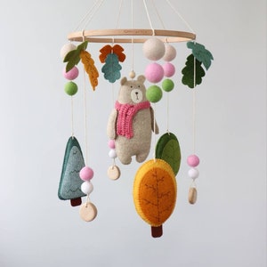 Baby girl bear mobile, Woodland nursery decor, Felt mobile for crib