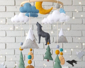 Wolf mobile, Wolf nursery decor, Mountain mobile, Woodland baby mobile, Rustic nursery decor, Forest animals mobile, Felt mobile for crib
