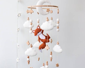 Fox & clouds baby mobile for crib, Moon and stars nursery decor, Gender neutral felt mobile, Forest woodland themed nursery