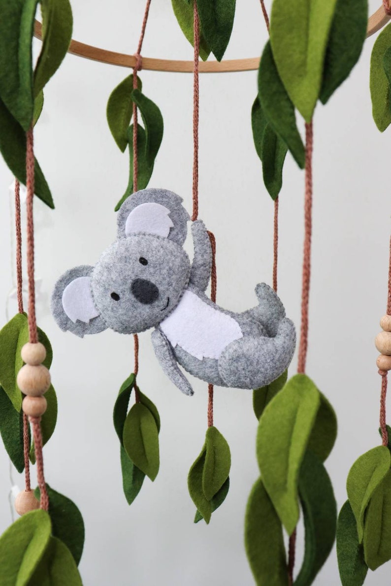 Koala baby mobile for crib, Australian animals nursery decor, Felt eucalyptus leaves image 7