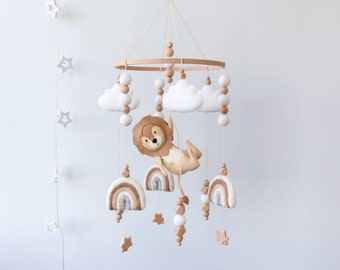 Lion baby mobile for crib, Safari animals nursery decor, Rainbow, stars & clouds felt mobile