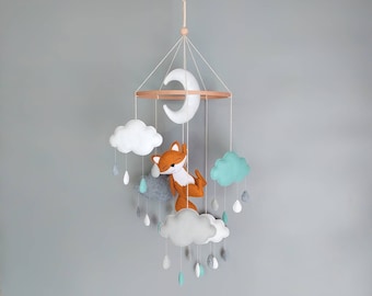 Fox baby mobile for crib, Moon, clouds & raindrops nursery decor, Gender neutral mobile, Pastel colours, White, grey and mint