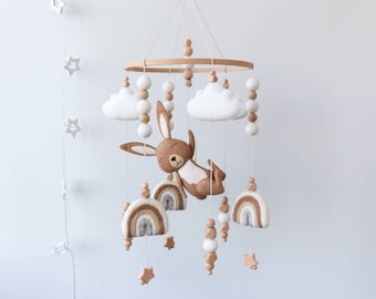 Felt bunny baby mobile, Rainbow, stars & clouds nursery decor, Gender neutral mobile for crib, Baby shower gift idea