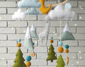 Wolf mobile, Wolf nursery decor, Mountain mobile, Woodland baby mobile, Rustic nursery decor, Forest animals mobile, Felt mobile for crib