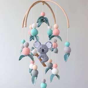 Koala baby mobile, Koala nursery decor, Baby girl felt mobile, Pastel colours felt ball mobile
