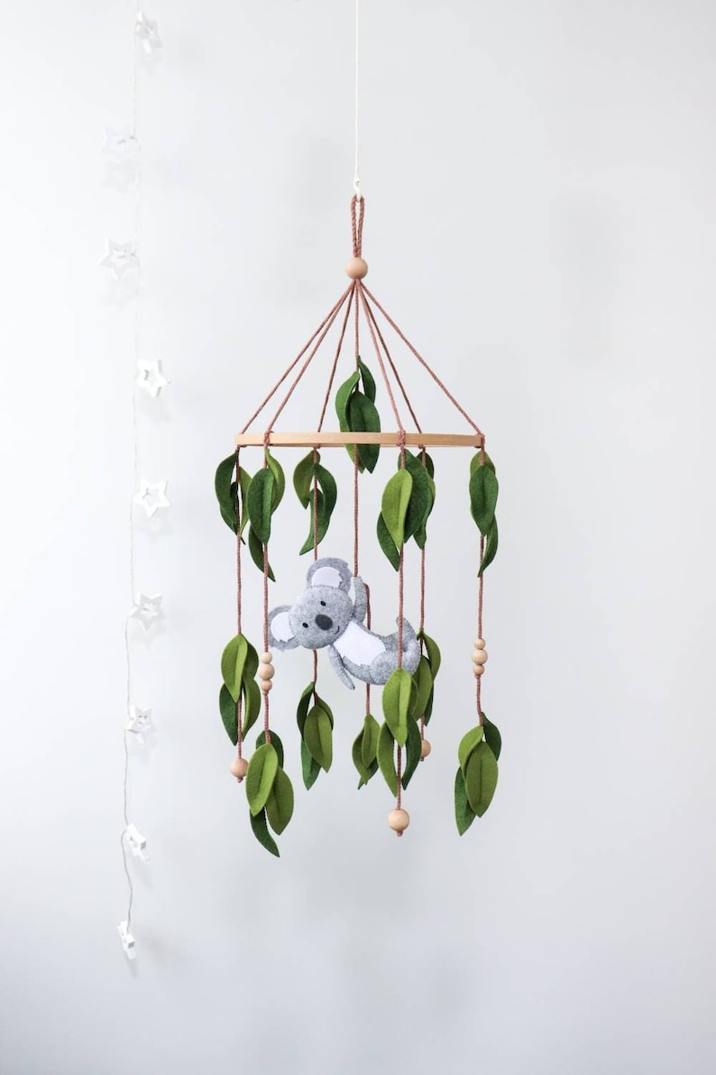 Koala baby mobile for crib, Australian animals nursery decor, Felt eucalyptus leaves image 1