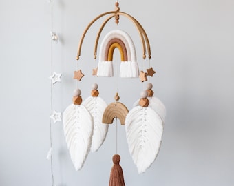 Macrame baby mobile, Boho nursery decor, Rainbow mobile for crib, Stars mobile