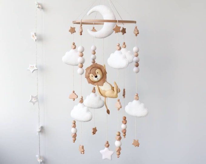 Lion baby mobile for crib, Safari animals nursery decor, Moon stars & clouds felt mobile