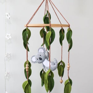 Koala baby mobile for crib, Australian animals nursery decor, Felt eucalyptus leaves image 6