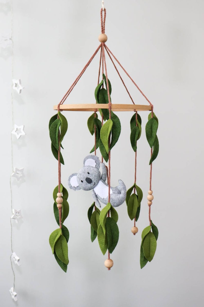 Koala baby mobile for crib, Australian animals nursery decor, Felt eucalyptus leaves image 6