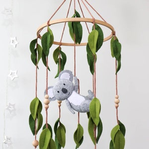 Koala baby mobile for crib, Australian animals nursery decor, Felt eucalyptus leaves image 5