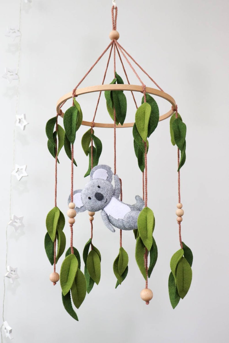 Koala baby mobile for crib, Australian animals nursery decor, Felt eucalyptus leaves image 5