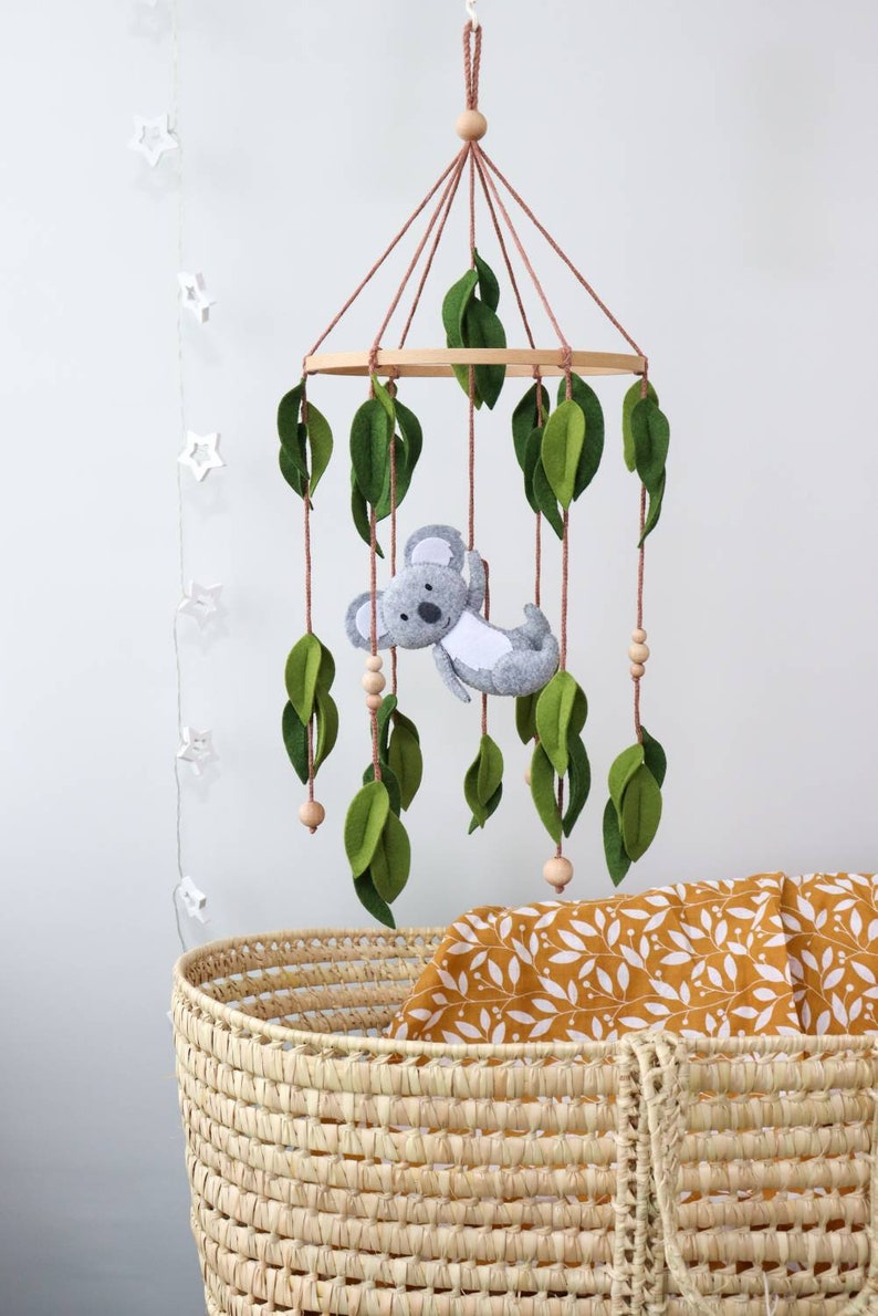 Koala baby mobile for crib, Australian animals nursery decor, Felt eucalyptus leaves image 3