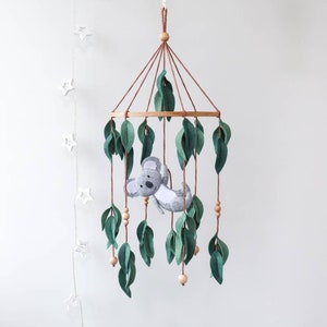 Koala baby mobile for crib, Australian animals nursery decor, Pastel colours, Felt eucalyptus leaves