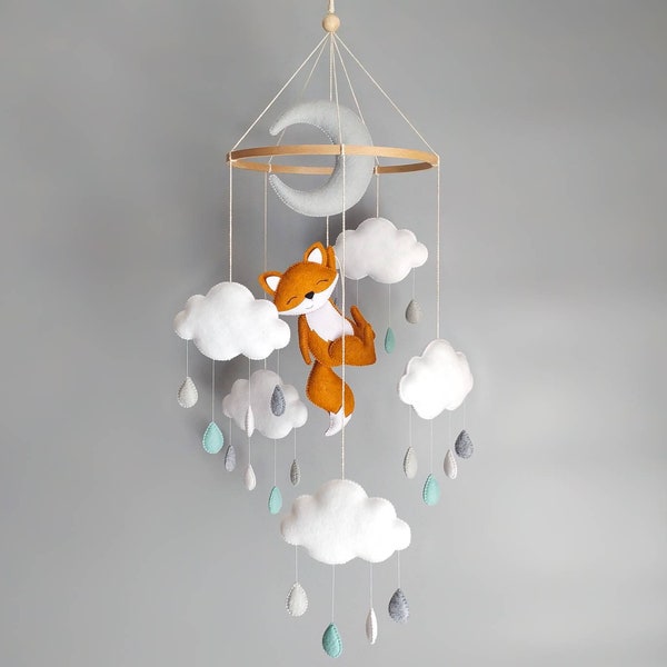 Fox baby mobile for crib, Moon, clouds & raindrops nursery decor, Gender neutral mobile, Pastel colours