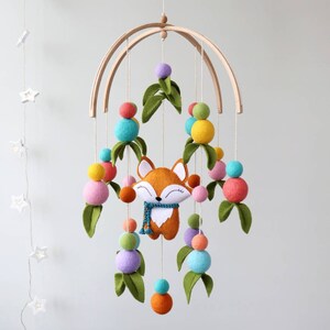 Forest baby mobile with fox, felt balls and leaves, Felt mobile, Pom pom mobile, Woodland nursery decor, Baby girl mobile