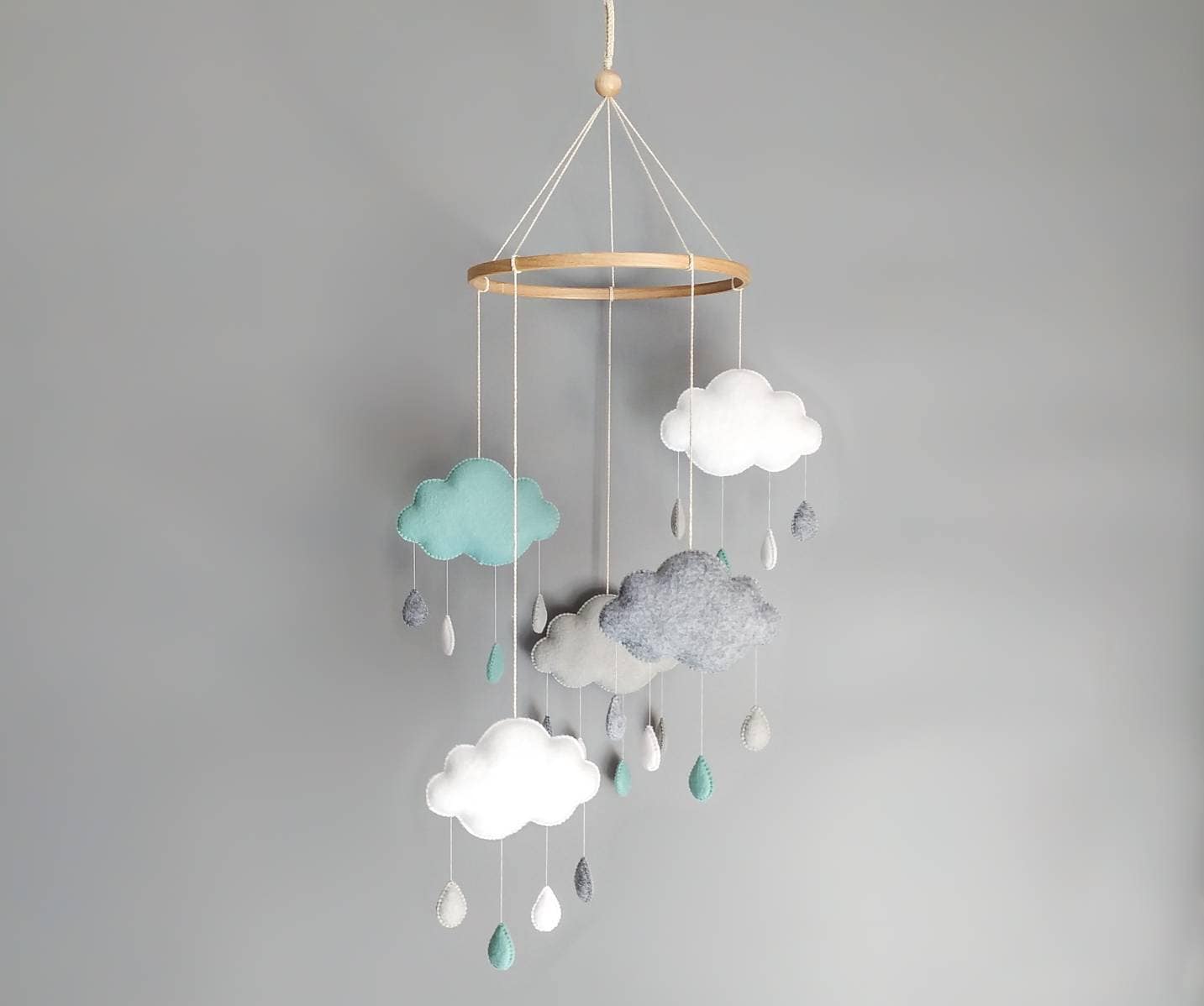 Clouds & Raindrops Baby Mobile, Gender Neutral Nursery Decor, Felt Mobile For Crib, Pastel Colours, White, Gray & Mint