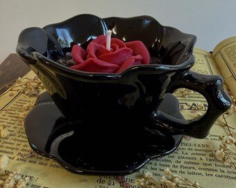 Black and pink teacup and saucer candle