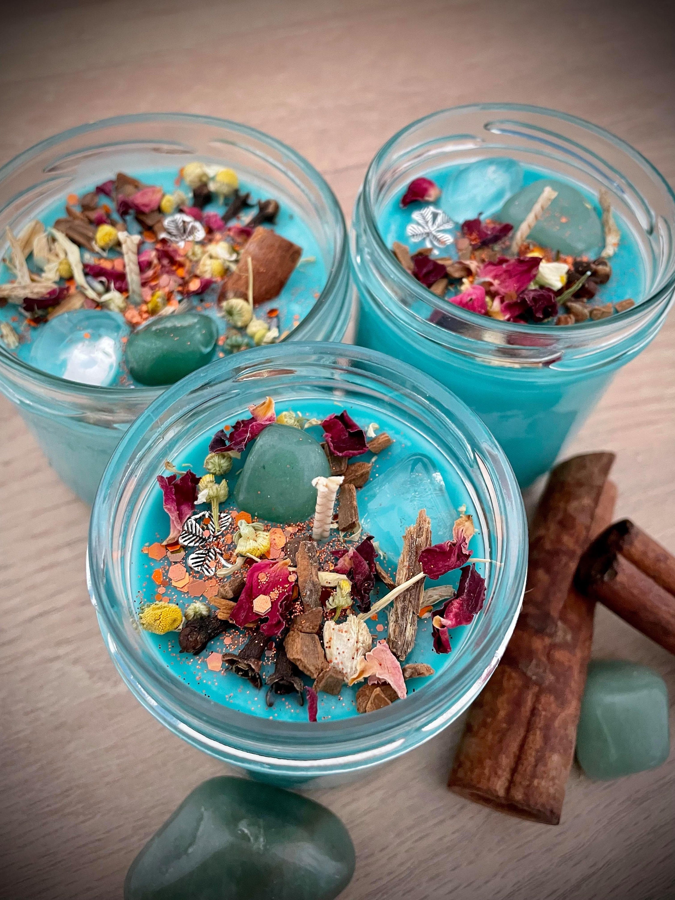 Bougie Chance et Abondance Aventurine, Cristal de Roche, Fleurs Plantes Magiques - Witch Sorcière So