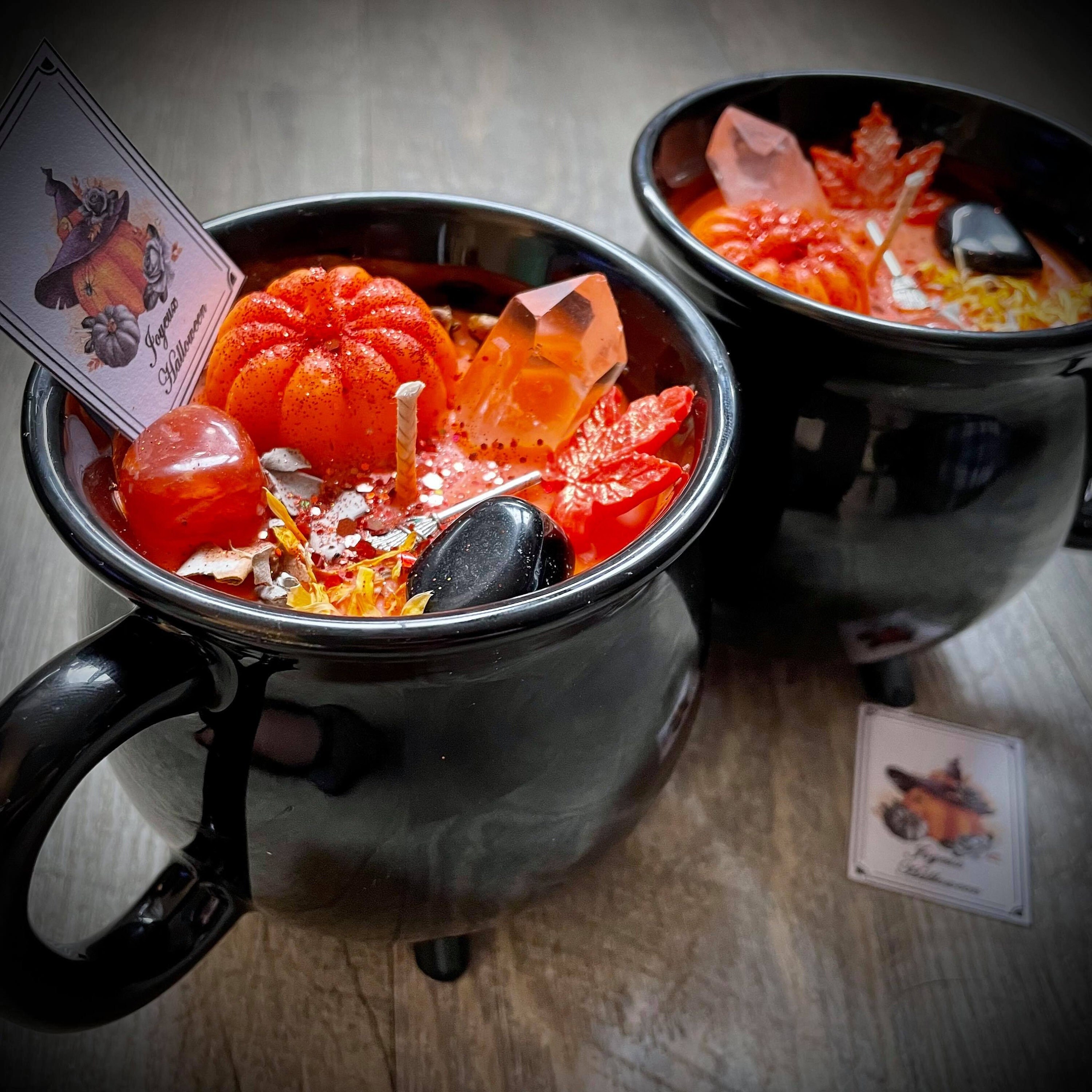 Bougie Mug Potion d'automne- Chaudron - Samhain Sorcière -Witch-Obsidienne-Citrouille-Cornaline-Cris