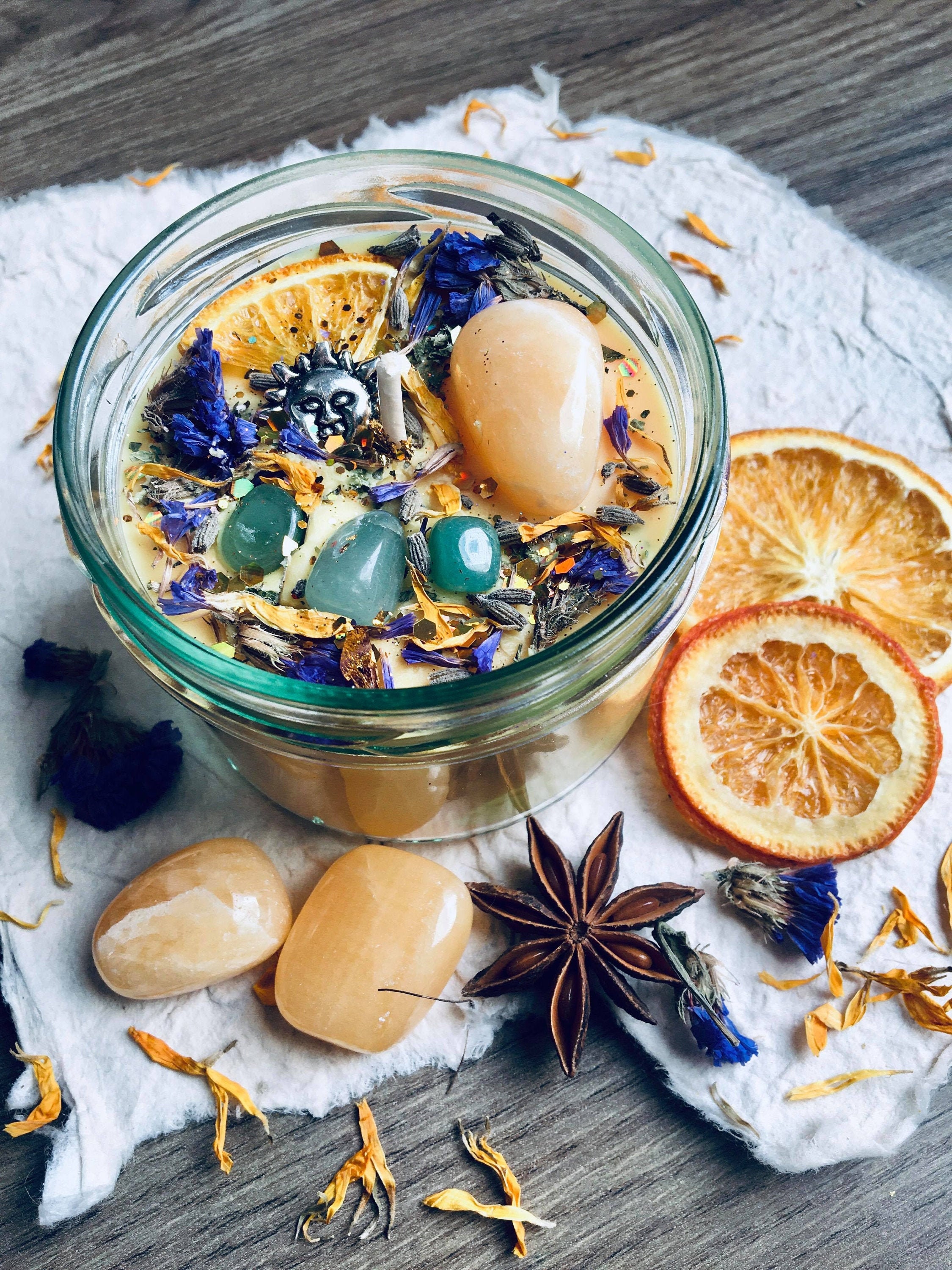 Bougie Solaire - Calcite Orange Aventurine Plantes et Fleurs Magiques Énergie Positive