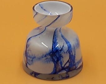 Glasvase Vintage 11 cm | Weiß Blau marmoriert | Kunstglas Vase | Mid Century Retro Glas