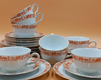P.T. Bavaria Tirschenreuth Kaffeeservice 24-tlg. | 8 Personen | Vintage Porzellan | Retro Orange Gold | Kaffeegeschirr