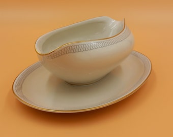 KPM Krister Sauciere Vintage mit Unterteller – Porzellan Germany, Goldrand, graues Dekor, 0,3 L