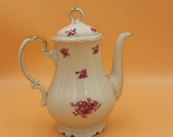 Edelstein Bavaria Kaffeekanne Vintage | 1,6 L Porzellan | Rote Rosen Golddekor | Alte Kaffeekanne mit Deckel