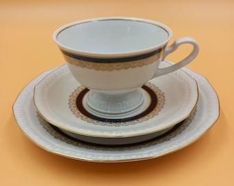 Weimar Porzellan Echt Kobalt Kaffeegedeck | Vintage 3-teilig | Kobaltblau Golddekor | Tasse Untertasse Kuchenteller