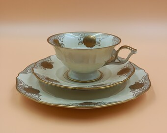 Eschenbach Bavaria Kaffeegedeck Vintage | Elfenbein Porzellan Golddekor | Tasse Untertasse Kuchenteller 3-teilig